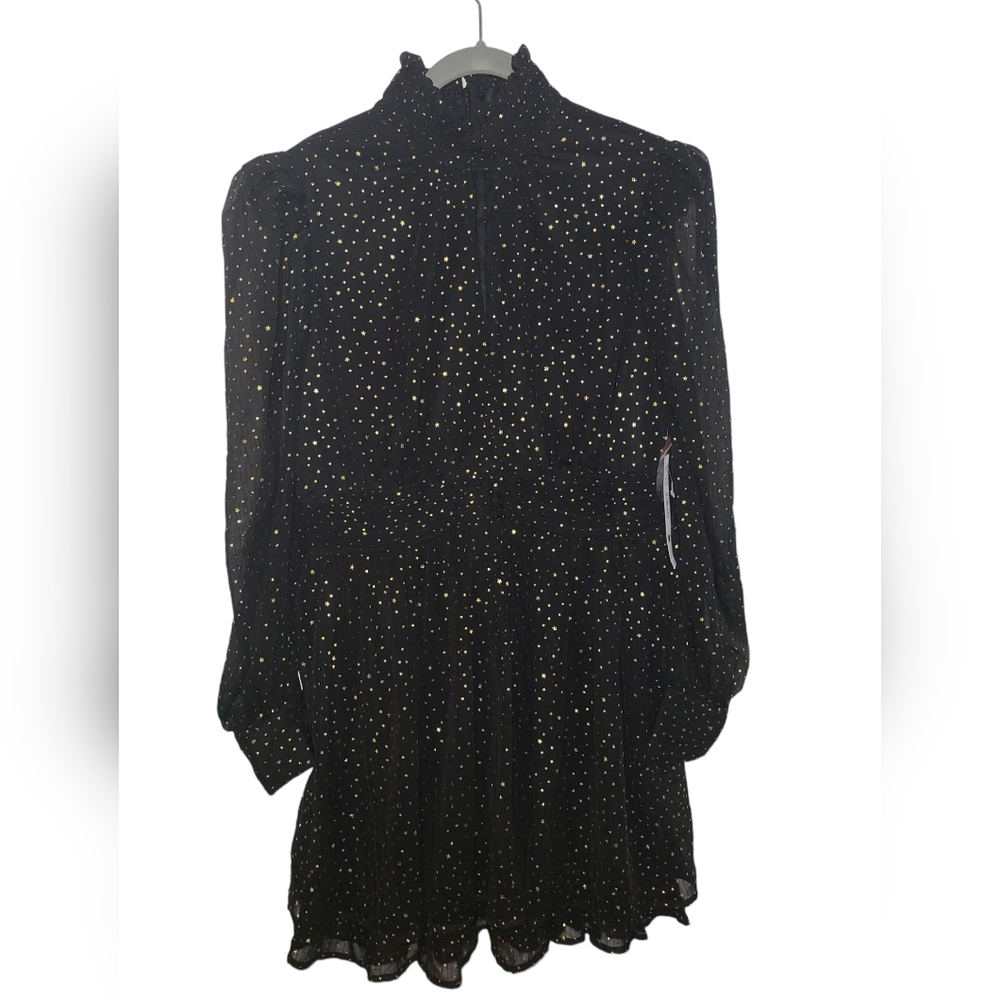 AQUA Star Foil Print High Neck Sheer Puff Sleeve Mini Dress Size XL